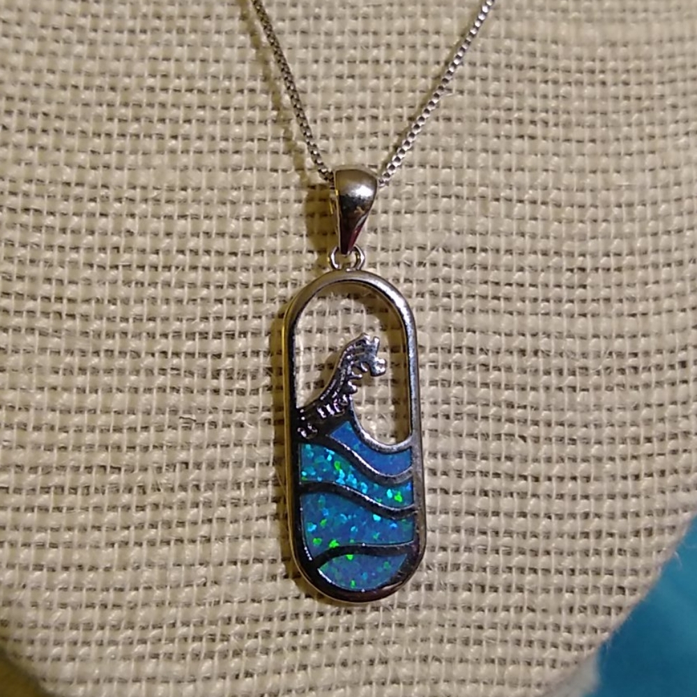 Sterling Silver Blue Opal Ocean Wave Pendant
